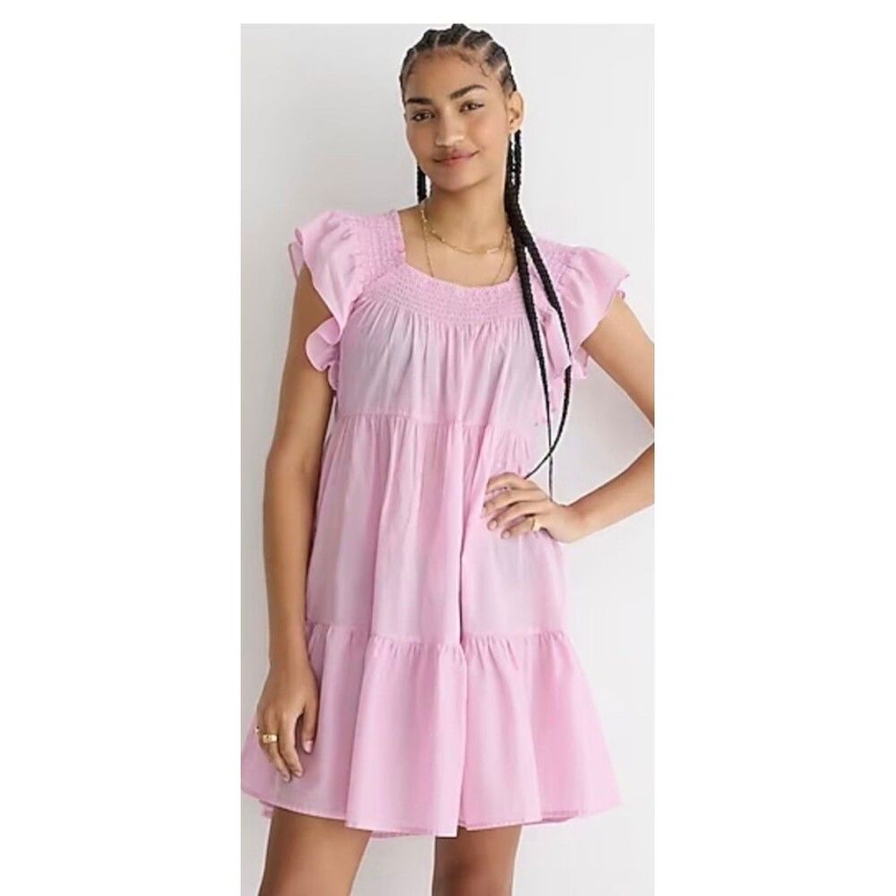 J.Crew Mini Dress Womens Medium Pink Smocked Ruffle Sleeve Tiered Cotton Boho